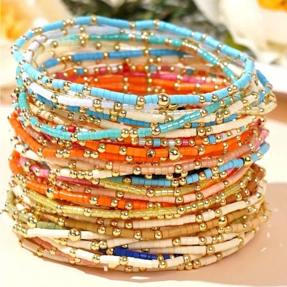 Colorful stack of 30 new Beaded Bracelet Set